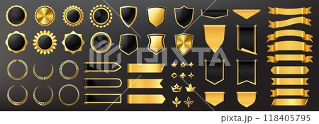 Luxury golden labels elements. Cartoon premium badges and stickers collection with golden glitters and shiny foil textures. Vector certificate seals set Luxury golden labels elements. Cartoon premium badges and stickers collection with golden glitters and shiny foil textures. Vector certificate seals set 118405795