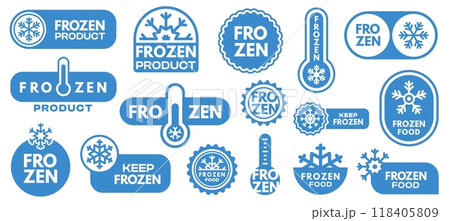 Frozen product label. Keep frozen icons with snowflake, ice cream and meat package, frozen food refrigerated temperature indicator. Vector set 118405809