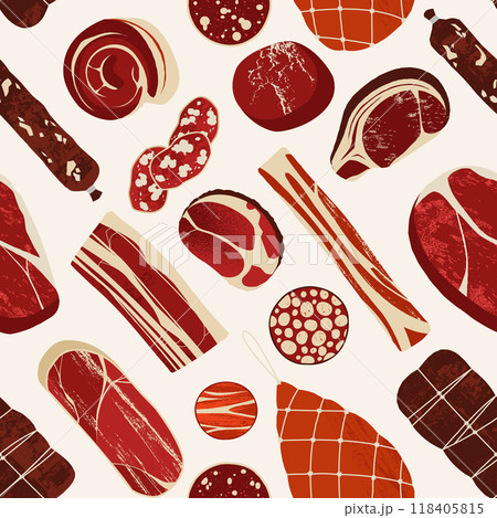 Meat products pattern. Seamless print of various pieces of beef, pork, chicken, ham, sausage, salami, steak, delicatessen dried meat. Vector texture Meat products pattern. Seamless print of various pieces of beef, pork, chicken, ham, sausage, salami, steak, delicatessen dried meat. Vector texture 118405815