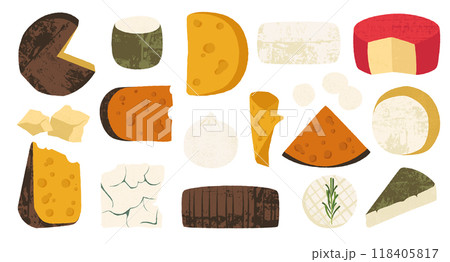 Cheese types. Different types of cheese, swiss gouda roquefort brie blue mozzarella parmesan cheddar, gourmet food for restaurant menu. Vector set 118405817