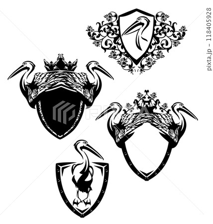 pelican bird heraldic shield black and white vector design set 118405928