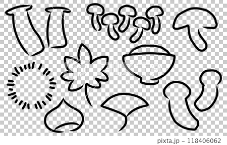 手書き風の秋の味覚イラストセット白黒 118406062