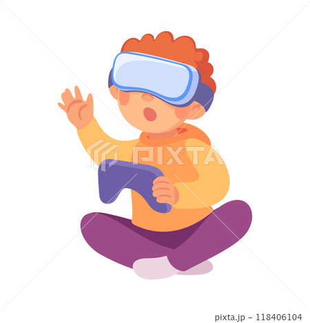 Little Boy Sit in VR Glasses and Gamepad Play Video Game Vector Illustration 118406104