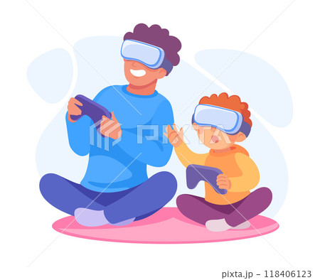Man Parent with His Son Play Video Game as Home Activity Vector Illustration 118406123