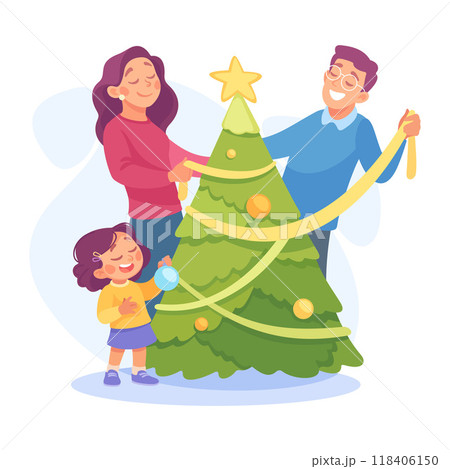 Man and Woman Parent with Daughter Decorate Fir Tree as Home Activity Vector Illustration 118406150