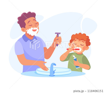 Man Parent with His Son Shaving and Brush Teeth as Home Activity Vector Illustration Man Parent with His Son Shaving and Brush Teeth as Home Activity Vector Illustration 118406151