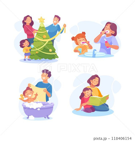 Homework with Parent and Kid Engaged in Home Activity Vector Set 118406154