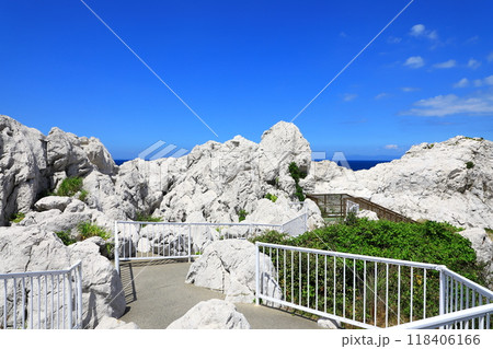 白崎海洋公園　遊歩道から見た青い空と白い岩 118406166