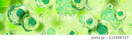 3D medical green cell background, organic flora biological microscope virus structure render.  118406187
