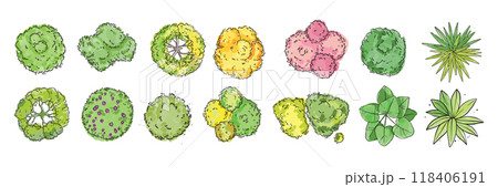 Watercolor tree icon set, yellow hand drawn bush top view, vector green architecture map design kit. Watercolor tree icon set, yellow hand drawn bush top view, vector green architecture map design kit. 118406191