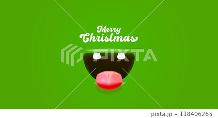 Vector Cartoon wide open mouth isolated on green background with Merry Christmas text. Funny and cute Christmas Monster open mouth with big white teeth and pink tongue. Merry Christmas green banner Vector Cartoon wide open mouth isolated on green background with Merry Christmas text. Funny and cute Christmas Monster open mouth with big white teeth and pink tongue. Merry Christmas green banner 118406265