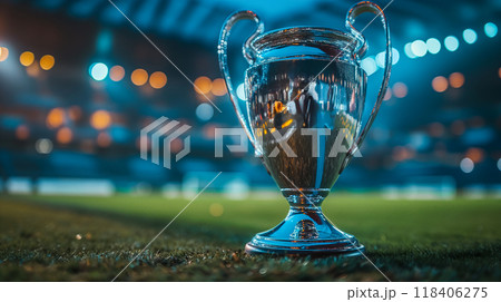 Blue trophy shines brightly on soccer field at championship match at night. Generative AI 118406275