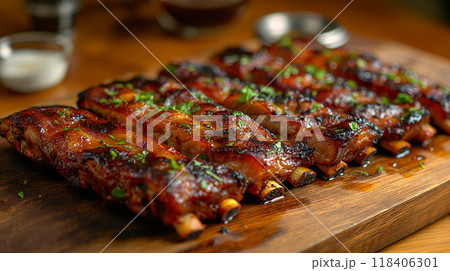 Perfectly caramelized ribs served on wooden platter, ready to be enjoyed. Generative AI 118406301