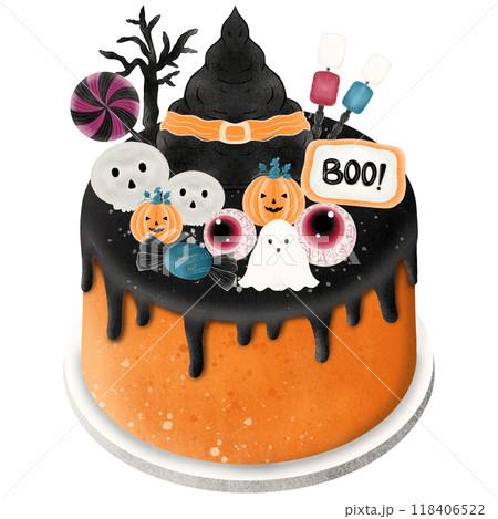 Hand drawn halloween cake with hat, tree, ghost, candy, skull and marshmallow 118406522