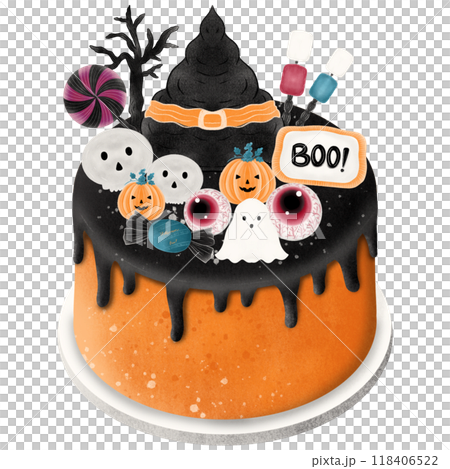 Hand drawn halloween cake with hat, tree, ghost, candy, skull and marshmallow 118406522