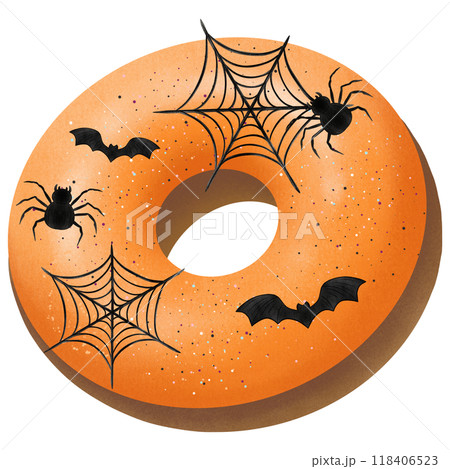 Halloween donut hand drawn with spider, web and bat 118406523