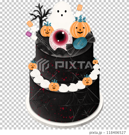 Hand drawn halloween cake with pumpkin, ghost, eye, candy, tree and marshmallow Hand drawn halloween cake with pumpkin, ghost, eye, candy, tree and marshmallow 118406527