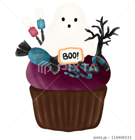 Hand drawn halloween cupcake with tree, ghost, candy, snake and marshmallow Hand drawn halloween cupcake with tree, ghost, candy, snake and marshmallow 118406531