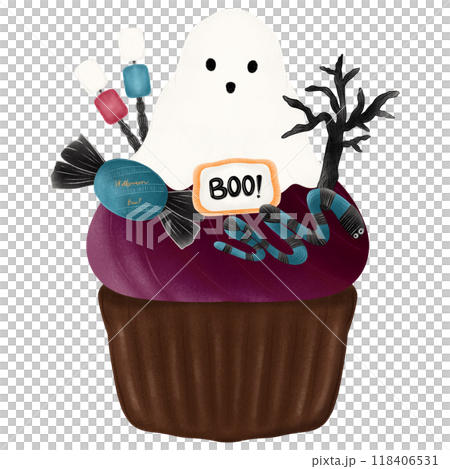 Hand drawn halloween cupcake with tree, ghost, candy, snake and marshmallow Hand drawn halloween cupcake with tree, ghost, candy, snake and marshmallow 118406531
