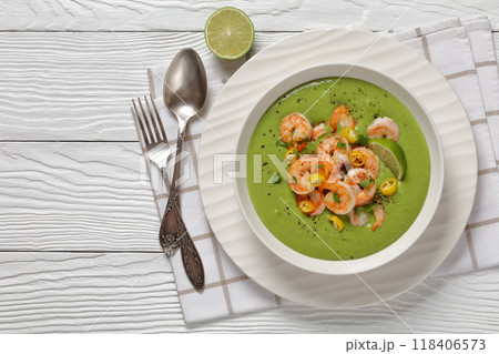 Shrimps in Culichi Salsa or Poblano sauce in bowl Shrimps in Culichi Salsa or Poblano sauce in bowl 118406573