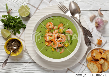 Shrimps in Culichi Salsa or Poblano sauce in bowl Shrimps in Culichi Salsa or Poblano sauce in bowl 118406574