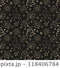seamless pattern of gold-colored Christmas symbols on a black background 118406784