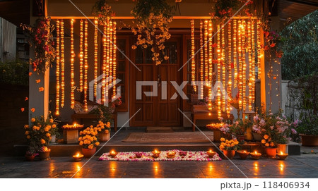 Beautifully decorated front door for Diwali, with glowing diyas, string lights, and flower garlands 118406934