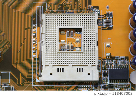 Blank CPU socket on mainboard background. 118407002
