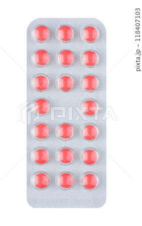 Red tablets in blister isolated on transparent background. Stock photo. Red tablets in blister isolated on transparent background. Stock photo. 118407103