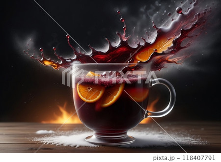 glass with hot mulled wine on black background 118407791