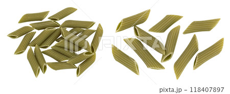 Green pea penne pasta isolated on white background. Organic food speciality. Gluten free. Top view. Flat lay 118407897