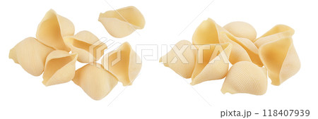 Conchiglioni italian pasta isolated on white background. Top view. Flat lay Conchiglioni italian pasta isolated on white background. Top view. Flat lay 118407939