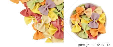 colorful farfalle pasta isolated on white background with full depth of field. Top view. Flat lay. colorful farfalle pasta isolated on white background with full depth of field. Top view. Flat lay. 118407942
