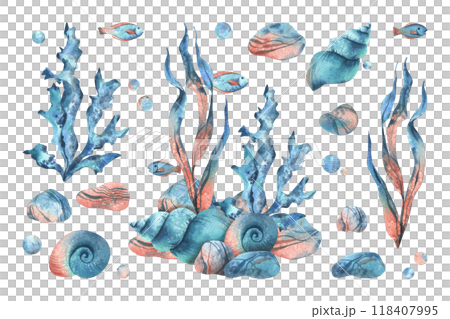 Underwater world clipart with sea animals fishes, shells, coral and algae. Hand drawn watercolor illustration. Set of elements isolated from the background 118407995