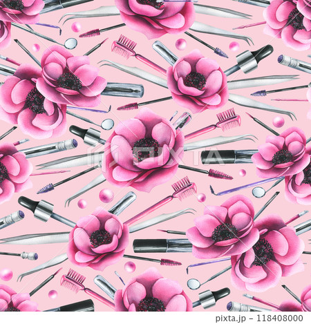 Cosmetics and brushes for eyes and eyebrows, tubes with pink anemone flowers. Watercolor illustration hand drawn. Seamless pattern on a pink background. For eyelash extension and lamination. Cosmetics and brushes for eyes and eyebrows, tubes with pink anemone flowers. Watercolor illustration hand drawn. Seamless pattern on a pink background. For eyelash extension and lamination. 118408000