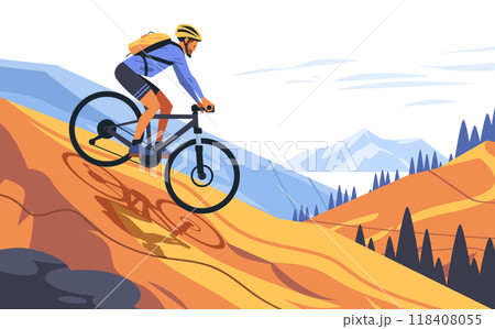 Mountain biker riding downhill on a trail in a scenic landscape with mountains and trees in the background 118408055