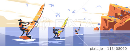 Windsurfers on ocean near cliffs with palm trees and seagulls in sky water sports adventure landscape 118408060