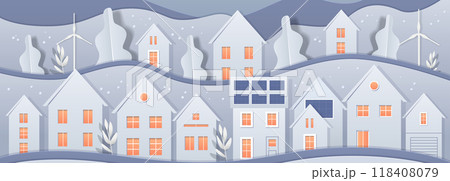 Paper cut style houses renewable energy winter landscape with wind turbines solar panels trees hills snowflakes blue grey tones 118408079