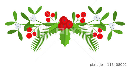 Christmas floral border. Spruce evergreen branch, poinsettia and holly berry 118408092