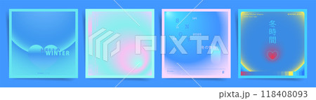 Set of modern gradient 3D winter posters templates for holiday, music, or presentation album print. Holographic, cyberpunk geometric vector illustration background. 118408093