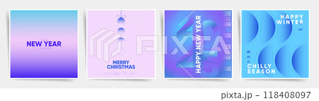 Set of minimalistic and modern holiday posters for New Year and Christmas with clean gradients and bold typography. Perfect for winter event promotions and festive greetings. 118408097
