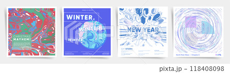 Set of abstract, marbled winter square posters for New Year and Christmas celebrations. Fluid shapes and bold designs for modern holiday branding. 118408098
