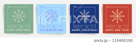 Set of retro square Christmas and New Year posters featuring snowflake designs and bold typography. Perfect for wintertime celebrations and festive branding. 118408100
