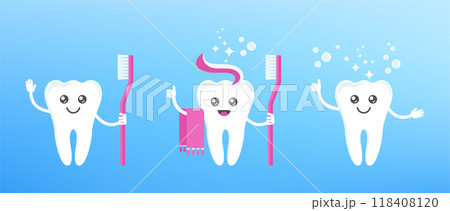 Funny cute smile and sad teeth characters. Dental health. 118408120