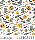 Halloween hand-drawn pattern with star, magic hat, broom, pumpkin, bones, skull. Vector stock illustration. Halloween party decoration. 118408138
