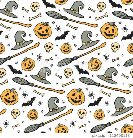 Halloween hand-drawn pattern with star, magic hat, broom, pumpkin, bones, skull. Vector stock illustration. Halloween party decoration. 118408138
