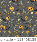 Halloween hand-drawn pattern with star, magic hat, broom, pumpkin, bones, skull. Vector stock illustration. Halloween party decoration. 118408139