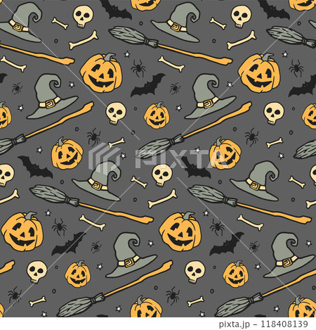 Halloween hand-drawn pattern with star, magic hat, broom, pumpkin, bones, skull. Vector stock illustration. Halloween party decoration. 118408139