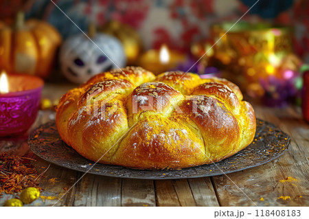 Traditional mexican bread of the dead "pan de muerto" on a wooden background 118408183