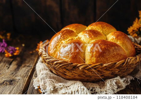 Traditional mexican bread of the dead "pan de muerto" on a wooden background 118408184